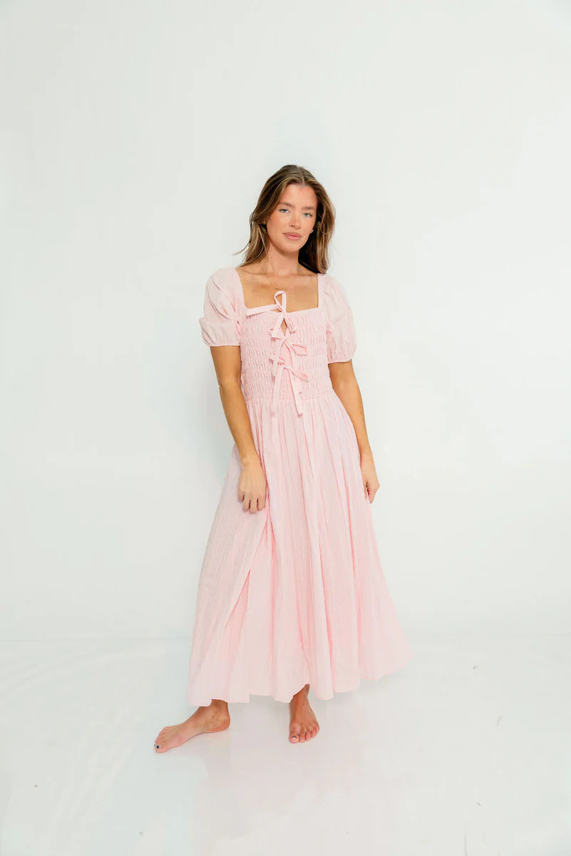 Arabelle 100% Cotton Smocked Bow Detail Maxi Dress in Pink Peony | Worth Collective