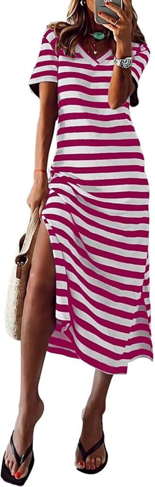 BLENCOT Women Summer Dress Striped Short Sleeve V Neck Sundress Casual Side Slit Beachwear T-Shir... | Amazon (US)