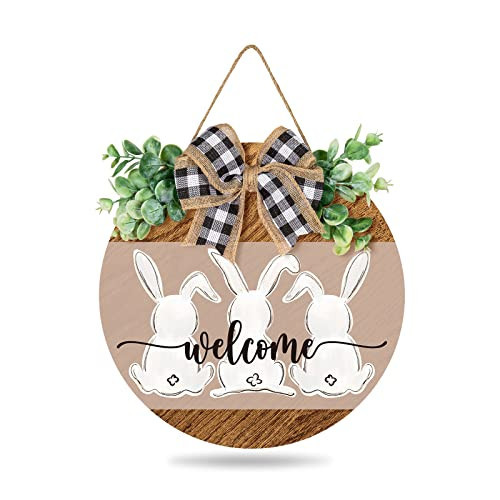 Whaline Easter Wooden Hanging Sign Bunny Rabbit Welcome Sign Door Decoration with Bow Rustic Easter Wood Wreath Sign for Spring Holiday Home Coffee Shop Bakery Farmhouse Window | Amazon (US)