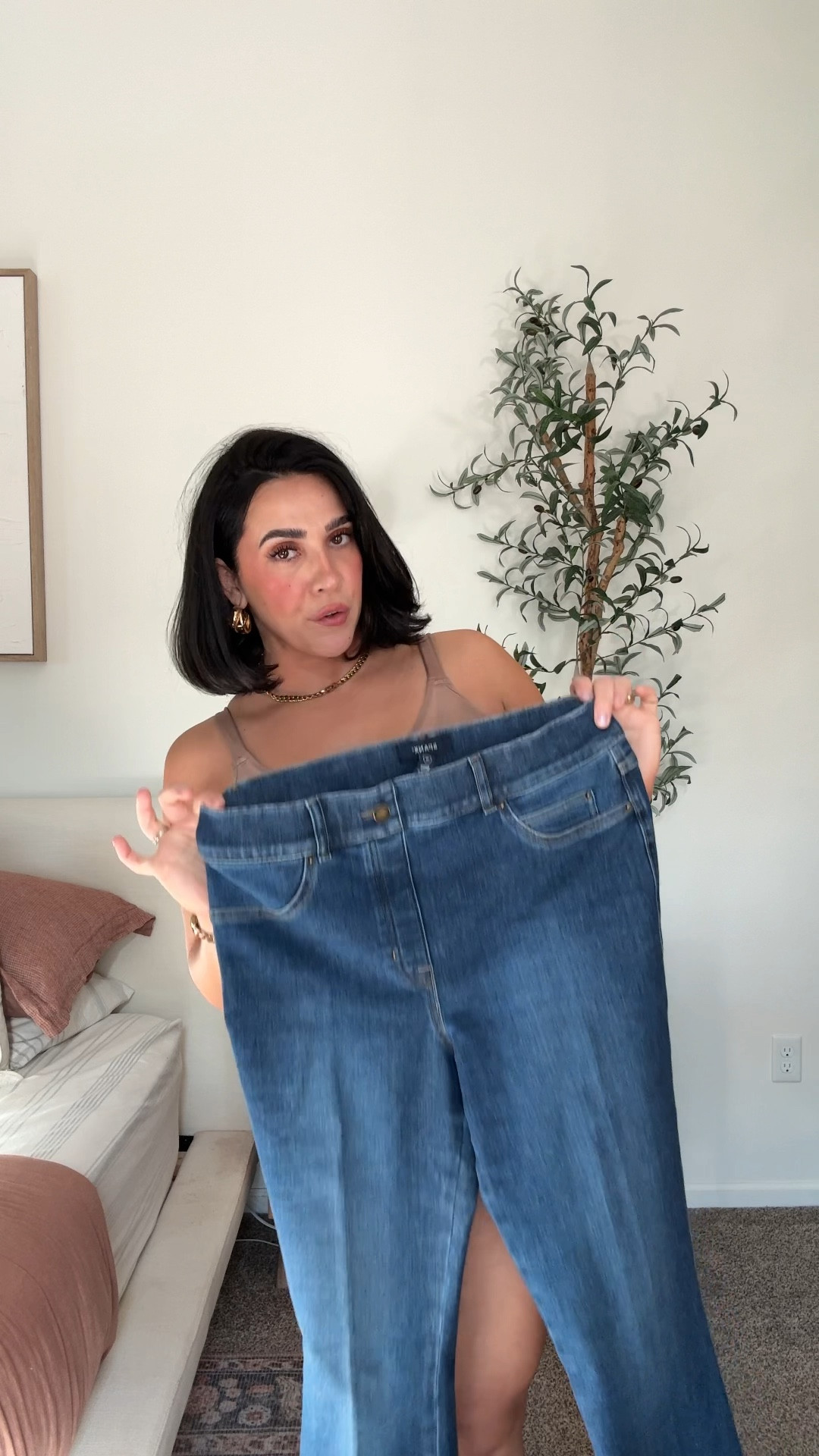 Flare jeans size L (petite if flat shoes otherwise they’re long) I’m 5’4. 