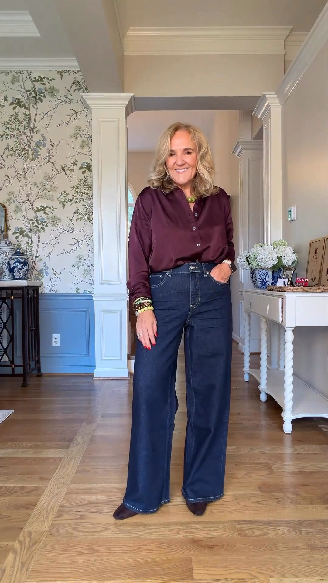 There’s something about this silky burgundy shirt with dark denim that just works. I’m wearing a medium in the top, and it gives jeans a little dressier feel without trying too hard.