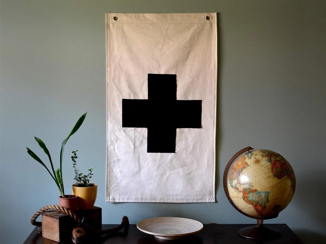 Black "Swiss Cross" Natural Cotton Canvas Applique Flag | Hand Sewn | Camp Flag | Wall Hanging | ... | Etsy (US)