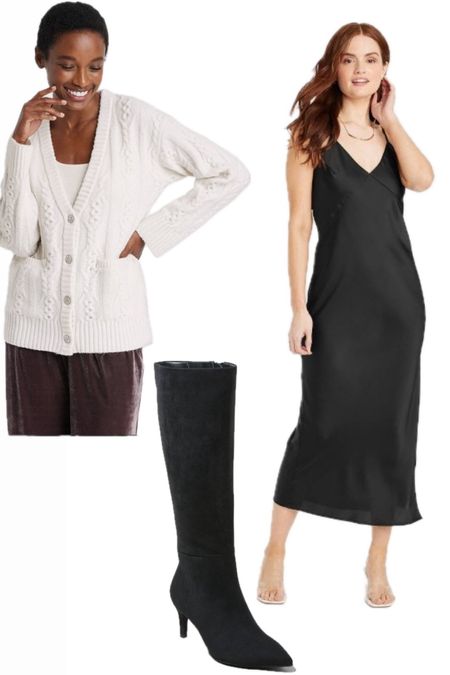 Black maxi slip dress 
Cardigan sweater 
Tall dress boots 

#LTKHoliday #LTKstyletip #LTKSeasonal