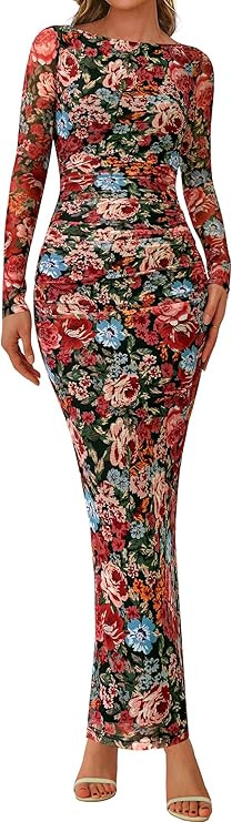 PRETTYGARDEN Women's Long Sleeve Bodycon Dresses 2025 Fall Sexy Floral Mesh Slit Ruched Tight Max... | Amazon (US)