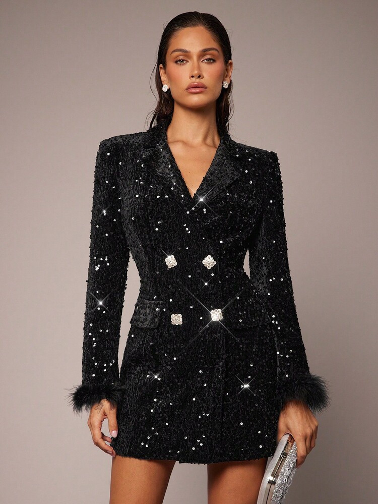Silquee Women's Black Retro Waist Diamond Button Cuffs With Fur Design Suit Jacket, Suitable For Office Ladies, Mermaids, Halloween, Thanksgiving, Christmas Costumes, Autumn And Winter Women's Solid Color Lapel Velvet Sequin Embellished Long Sleeve Suit Jacket, Elegant Autumn, Suitable For Parties And Dates, Lined High-End Suit Jacket | SHEIN
