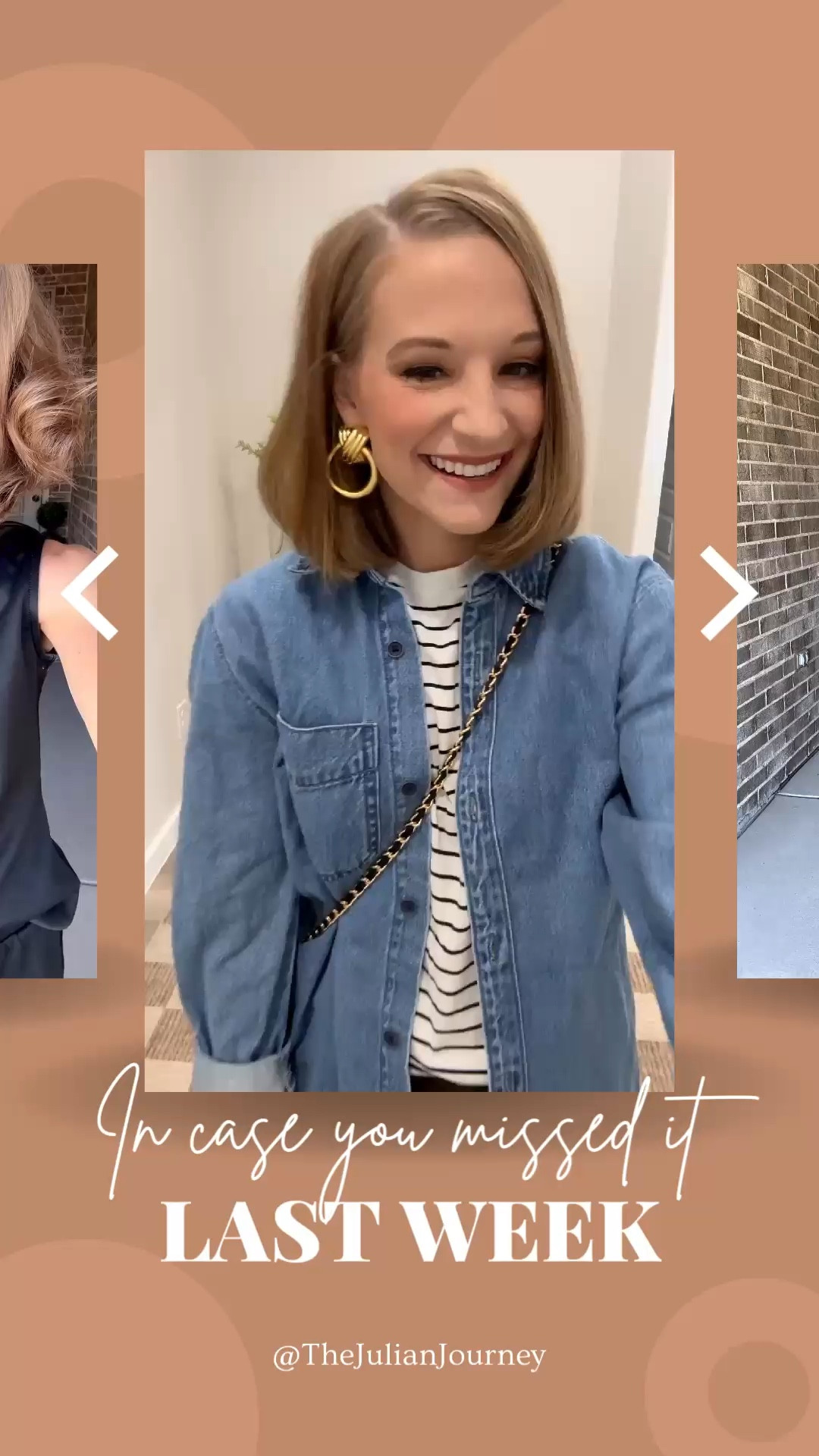 In case you missed it last week! Sharing my fav denim button front shirt and gold earrings! Plus some back accessories like sandals and a quilted purse!! 