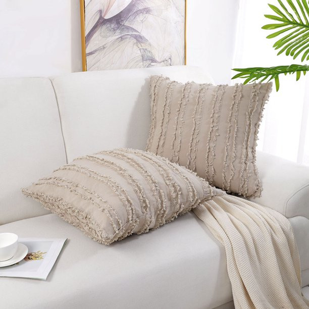 PiccoCasa 2Pcs 18"x18" Cotton Linen Throw Pillow Covers, Tassel Striped Decorative Cushion Covers... | Walmart (US)