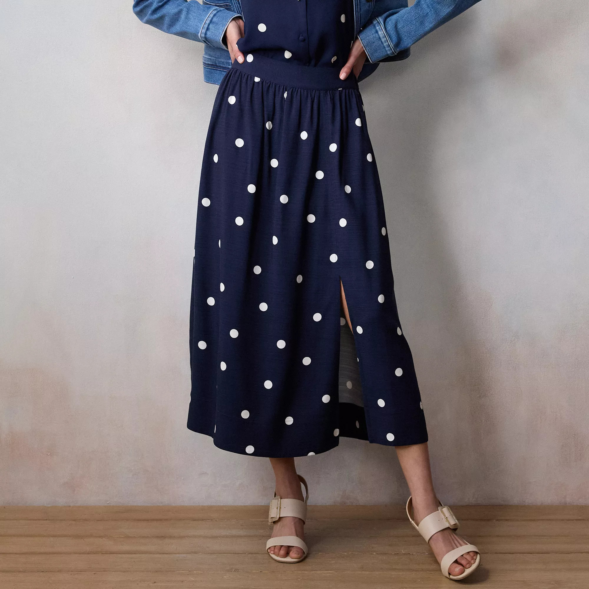 Petite LC Lauren Conrad Button Front Polka Dot Midi Skirt | Kohl's