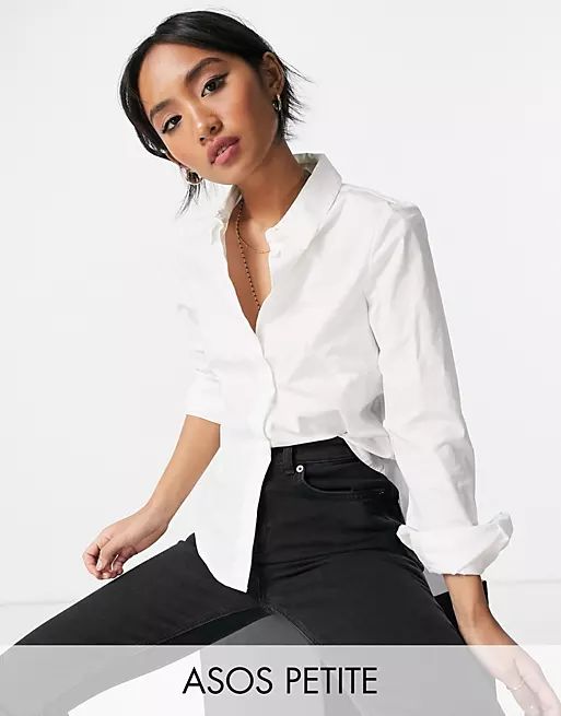 ASOS DESIGN Petite long sleeve fitted shirt in stretch cotton in white | ASOS (Global)