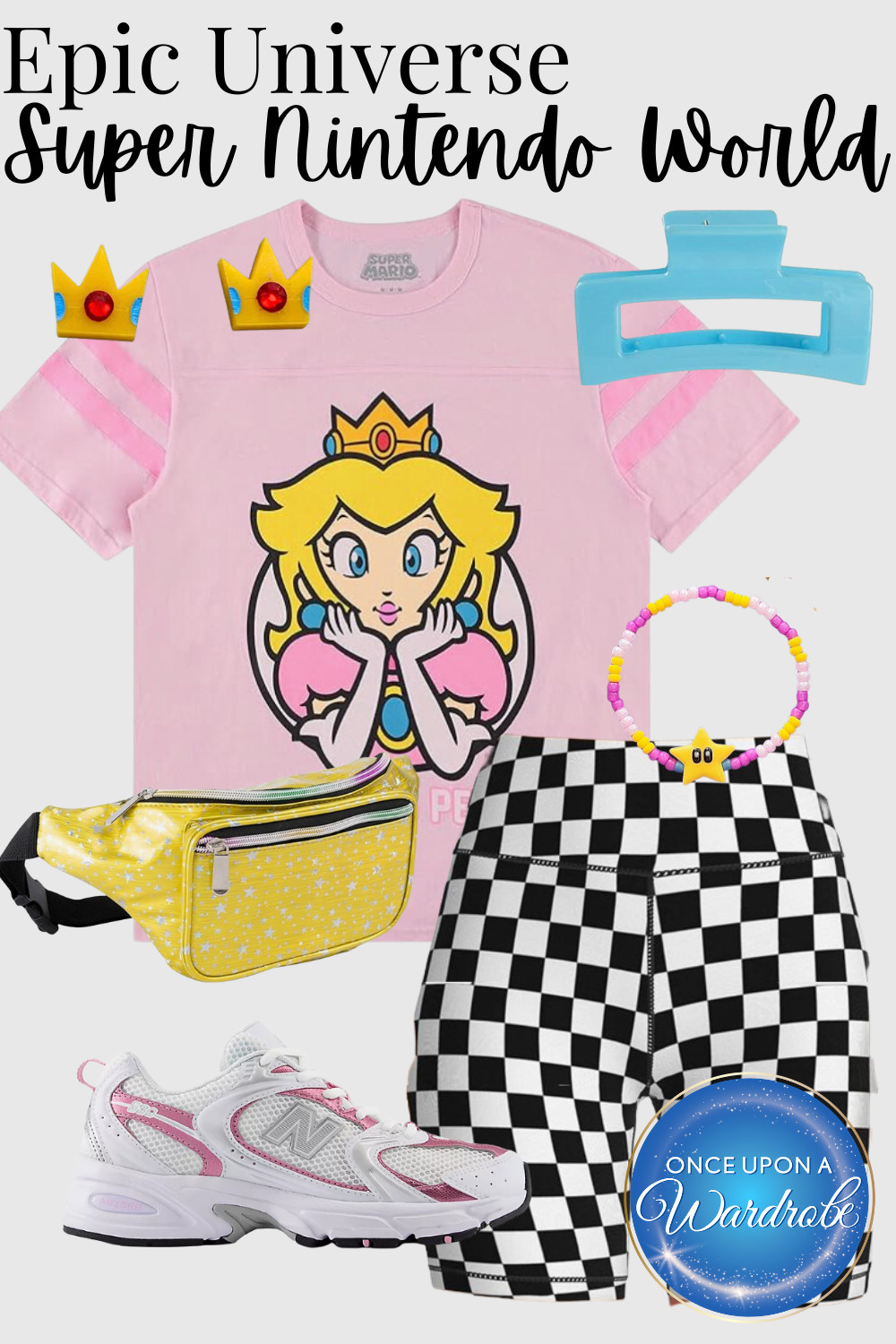 Princess Peach–inspired outfit for Super Nintendo World at Epic Universe 👸🏼This is a cute and comfortable theme park outfit perfect for Universal Orlando, especially for hot summer park days. I styled this look with a Princess Peach graphic tee, black and white checkered biker shorts, supportive walking sneakers, and a belt bag for hands-free rides and attractions. This outfit is ideal for Super Nintendo World photos, Epic Universe outfit planning, and anyone looking for themed outfits that aren’t costumes. Linking all my favorite Super Nintendo World outfit pieces below! 

 #LTKmomlife #LTKTravel