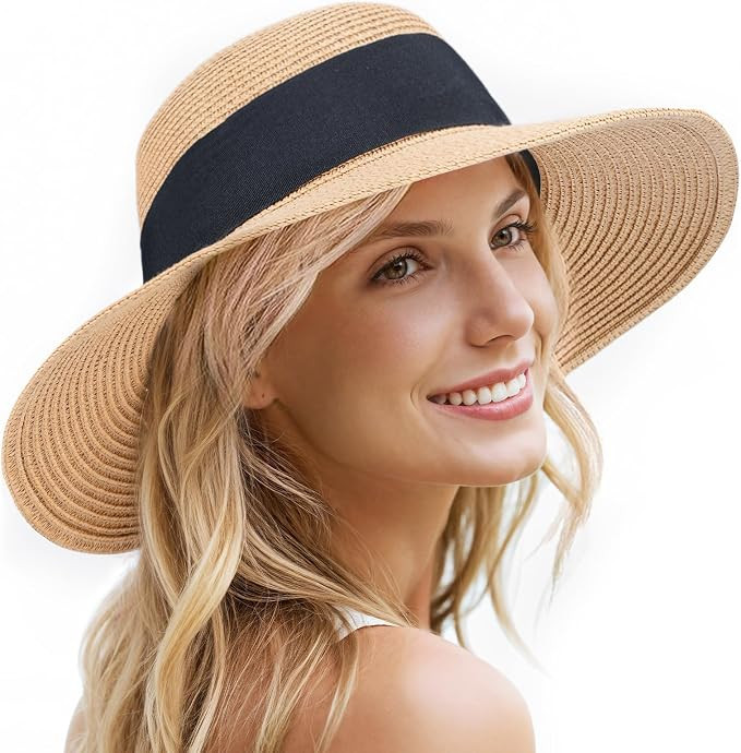 Beach Hats for Women - Sun Hat Womens, Wide Brim Straw Womens Sun Hat with Wind Lanyard Roll Up F... | Amazon (US)