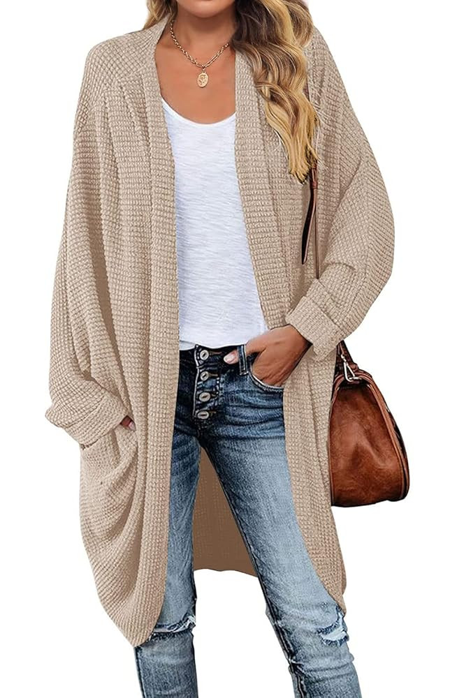 MEROKEETY Women's 2025 Fall Waffle Knit Batwing Long Sleeve Cardigan Loose Open Front Sweater Coa... | Amazon (US)