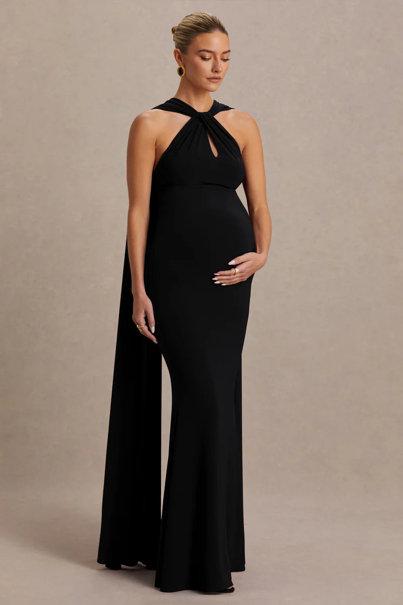 Lyra  Black Cross Halter-Neck Maternity Maxi Dress With Cape | Club L London
