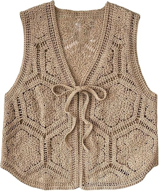 SOLY HUX Women's Crochet Tank Tops Tie Front Knit V Neck Sweater Vest | Amazon (US)