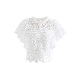 Ruffle Sleeves Full Crochet Crop Top in White | Chicwish