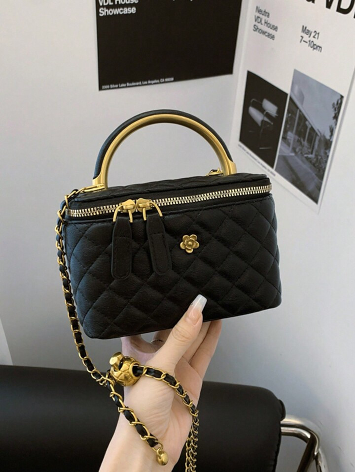 1pc Black Casual Versatile Handbag, Fashion Embroidered Checkered Fabric, Suitable For Office, Phone, Lipstick, Coin Storage | SHEIN