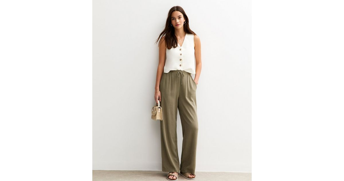 Khaki Textured Wide Leg Striped Trousers | New Look | New Look (UK)