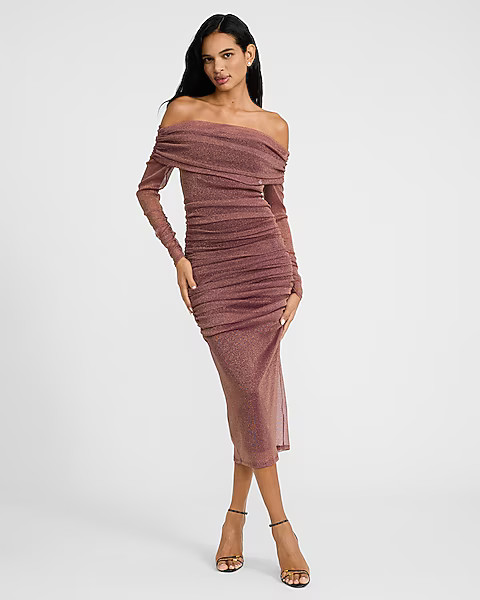 Metallic Mesh Fold Over Off The Shoulder Ruched Midi Dress | Express