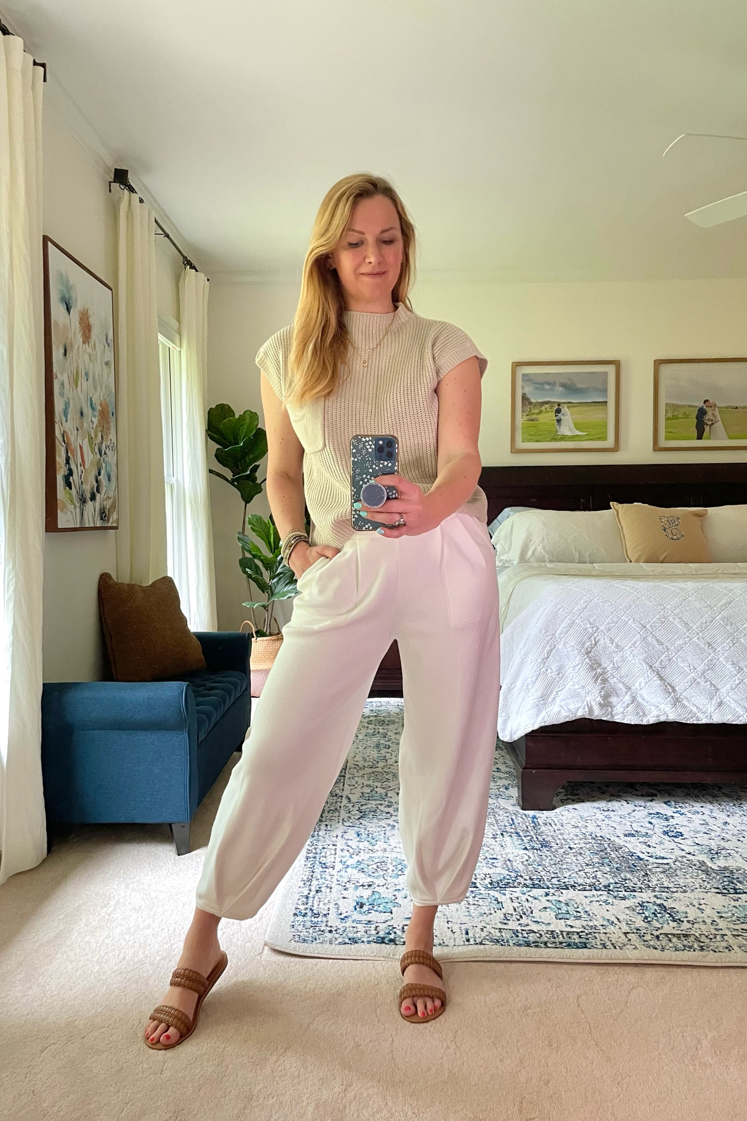 Amazon two piece set is an affordable look a like of a popular free people set. Great for work from home days

I got my normal size.

Love the sweater top - will definitely wear with other bottoms.

Sweat-pant bottoms have pockets and are not see through!

Sandals are on sale rn! Fit true to size.

#LTKunder50