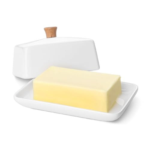 Flexzion Ceramic White European Butter Dish with Lid for Countertop (Large) - Wide 2 Stick Double Butter Holder for Counter, Cream Cheese Container Storage Keeper | Amazon (US)