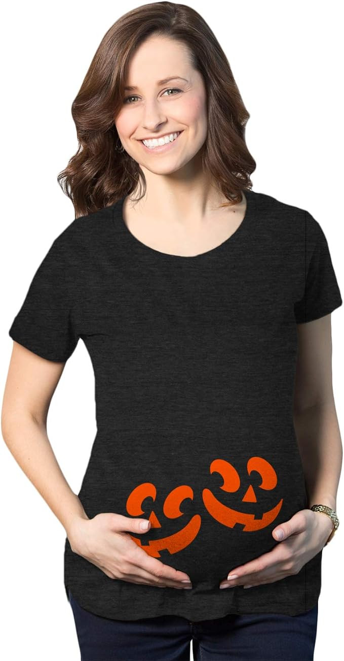Maternity Twin Pumpkin Faces Tshirt Cute Halloween Jack-O-Lantern Pregnancy Tee | Amazon (US)