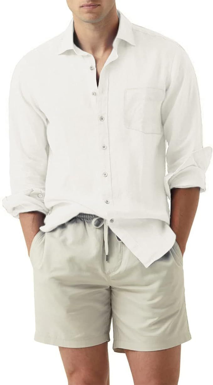 JMIERR Men's Cotton Linen Casual Button Down Shirt Long Sleeve Dress Shirts | Amazon (US)