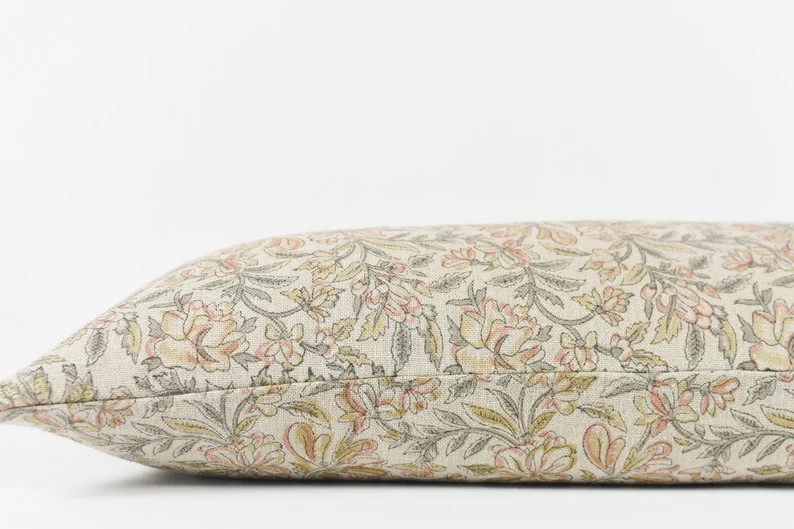Miraya Long Lumbar Linen Floral Block Print Pillow With Pastel Colors - Etsy Canada | Etsy (US)