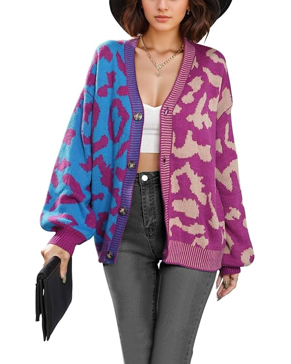 Leopard Cardigan for Women Oversized Color Block Checkered Sweater Button Front Long Sleeve Casua... | Amazon (US)