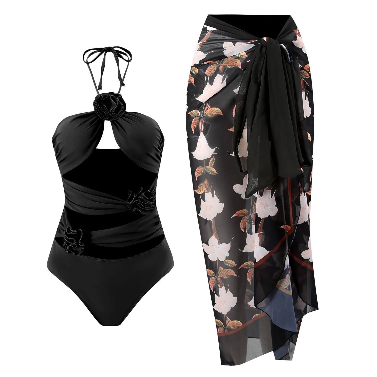 IDOPIP Women's One Piece Swimsuit with Matching Wrap Skirt Sarong Halter Floral Print Bikini Set ... | Walmart (US)