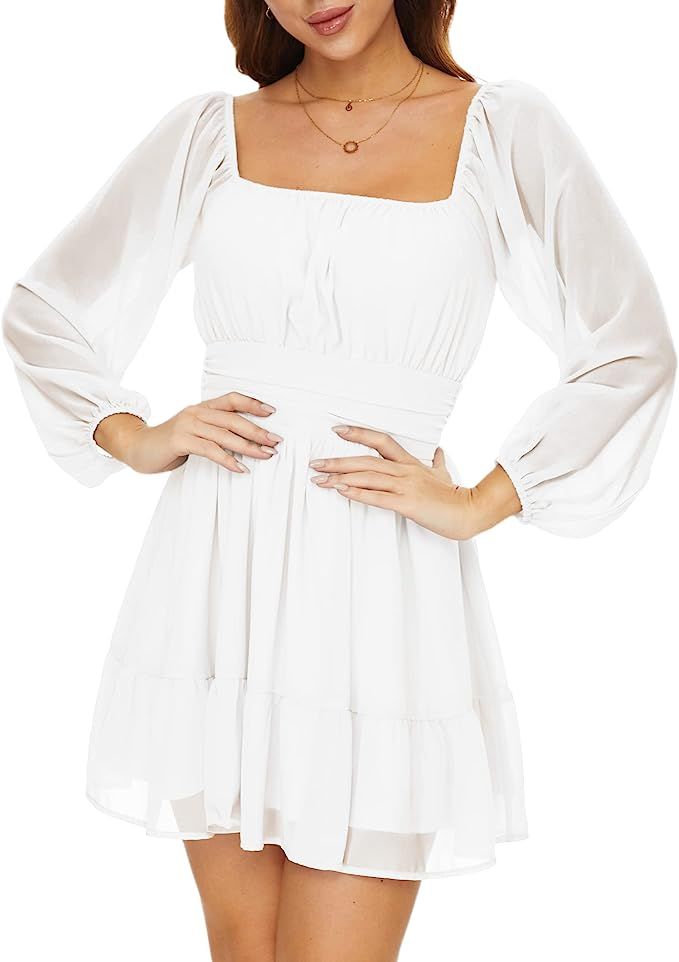 Square Neck Mini Dress for Women Puff Sleeve Tie Back Aline Dress with Elastic Waist | Amazon (US)