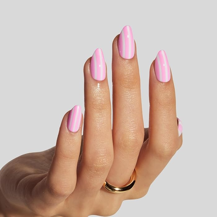 LAMIMOSA 32Pcs Press On Nails Short Almond \u2013 Soft Gel Fake Nails in 16 Sizes, Stripe Design ... | Amazon (US)