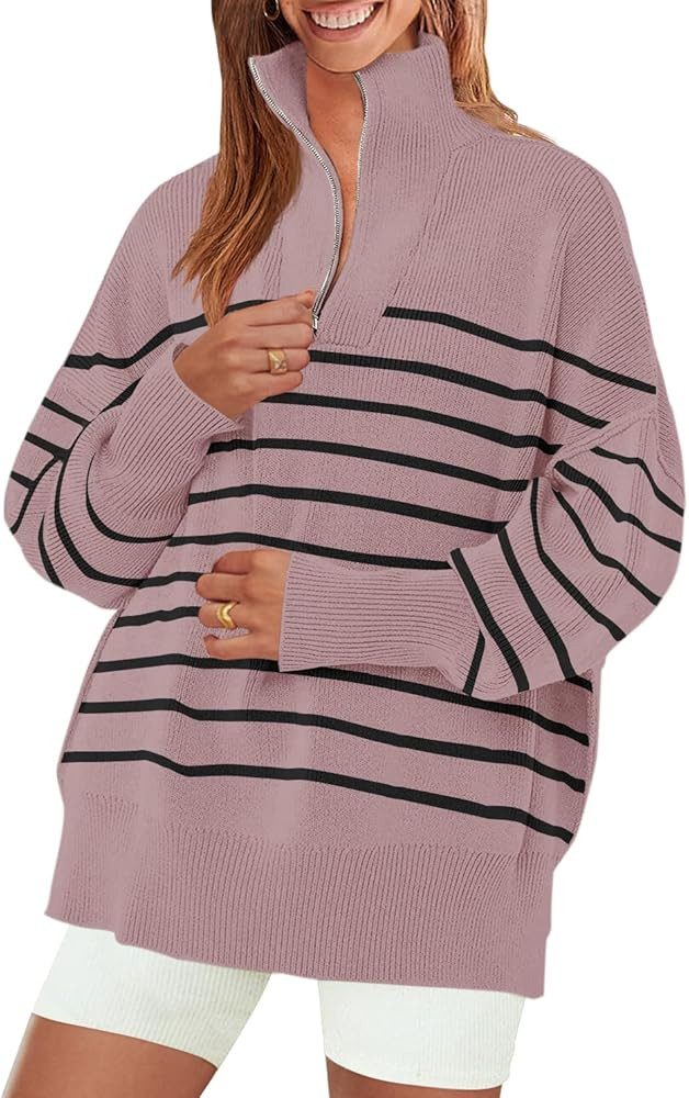 ZESICA Women's Striped Sweaters Half Zipper Long Sleeve Ribbed Knit Loose Oversized Pullover Swea... | Amazon (US)