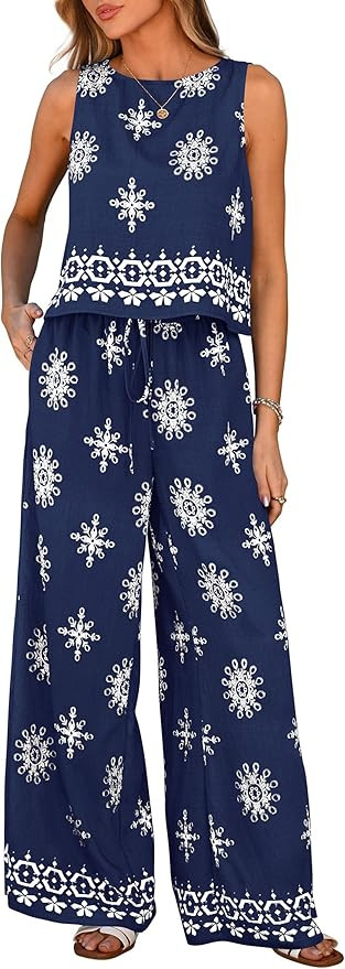 PRETTYGARDEN Women's 2026 Summer 2 Piece Lounge Sets Boho Floral Tank Tops Flowy Wide Leg Pants T... | Amazon (US)