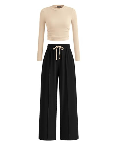 BTFBM Casual 2 Piece Sets For Women Fall Outfits Ribbed Knit Long Sleeve Crop Top Wide Leg Pants Matching Lounge Set(Solid Beige Black, XX-Large) | Amazon (US)