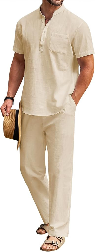 COOFANDY Men's 2 Pieces Cotton Linen Set Casual Short Sleeve Henley Shirts Beach Yoga Pants Summe... | Amazon (US)