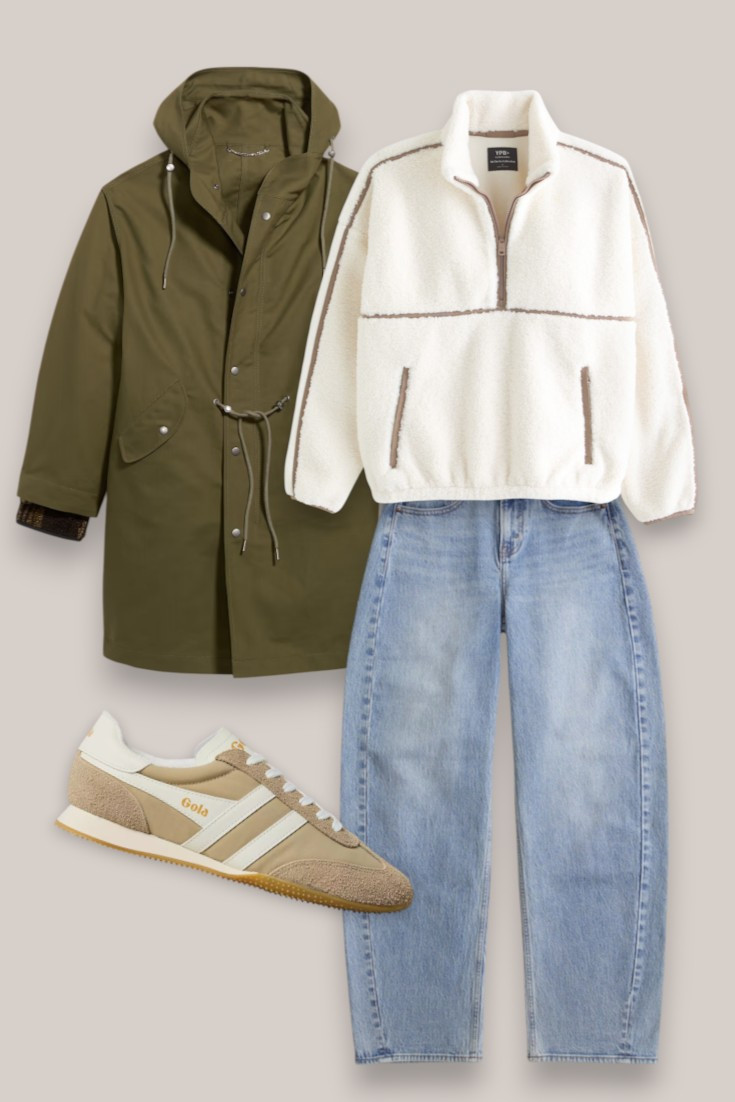 A practical cold weather outfit for busy days — cosy fleece, relaxed jeans, Gola sneakers and a khaki parka. Comfortable without looking thrown together. #casualwinteroutfits #momstyle #winteroutfits #sneakeroutfit 

 #LTKautumn #LTKjeans #LTKstyletip