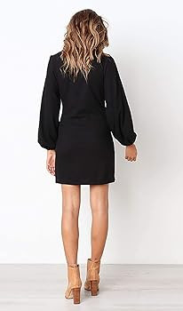PRETTYGARDEN Women’s Elegant Long Lantern Sleeve Short Dress Crewneck Tie Waist Knit Cocktail D... | Amazon (US)