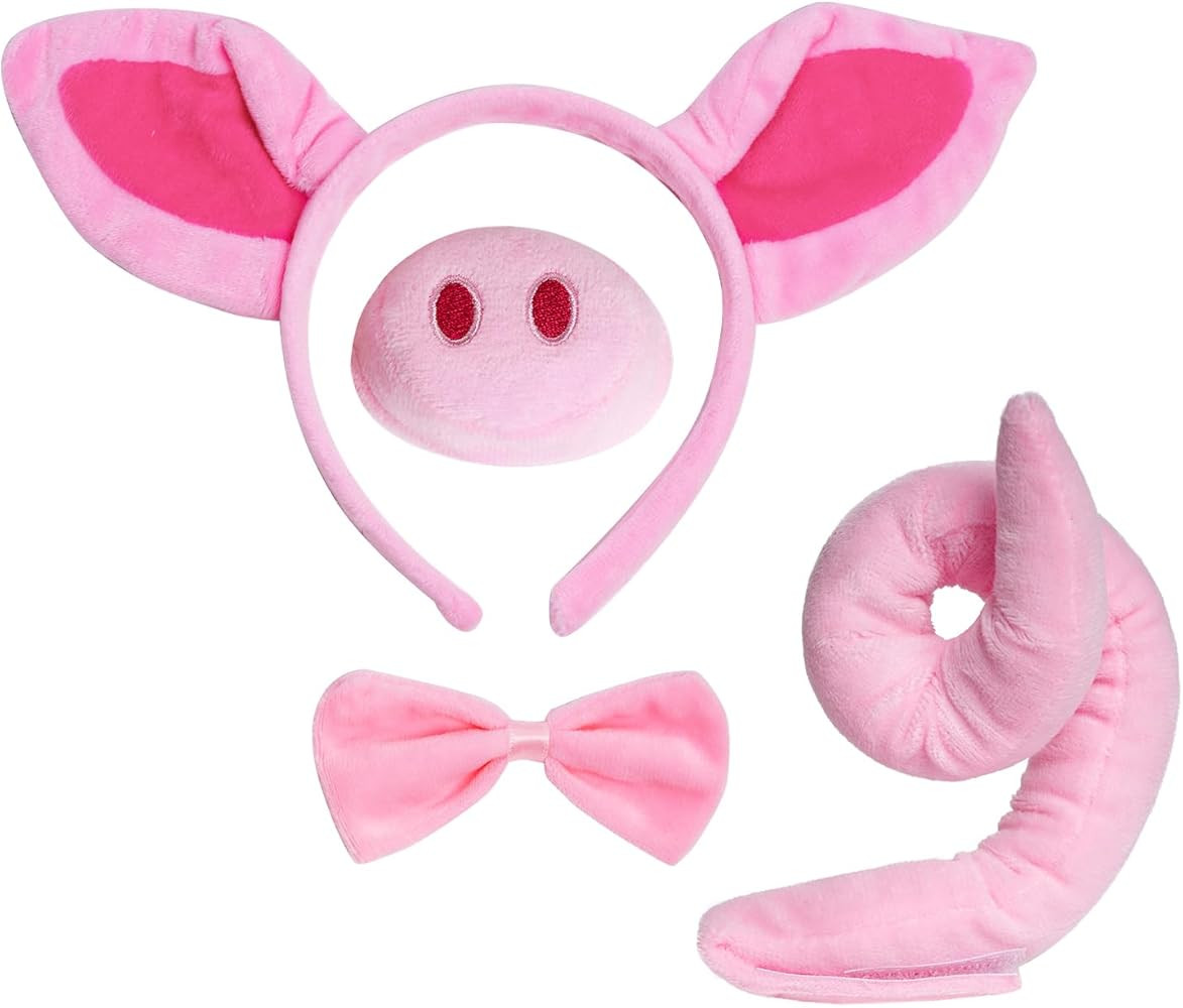 4 Pieces Pig Costume Set Pig Ears Headband Nose Tail Bow Pink Pig Fancy Dress Costume Accessories... | Amazon (US)