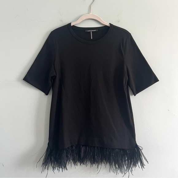 NWT Luisa Cerano Feather Hem Black Short Sleeve Shirt | Poshmark