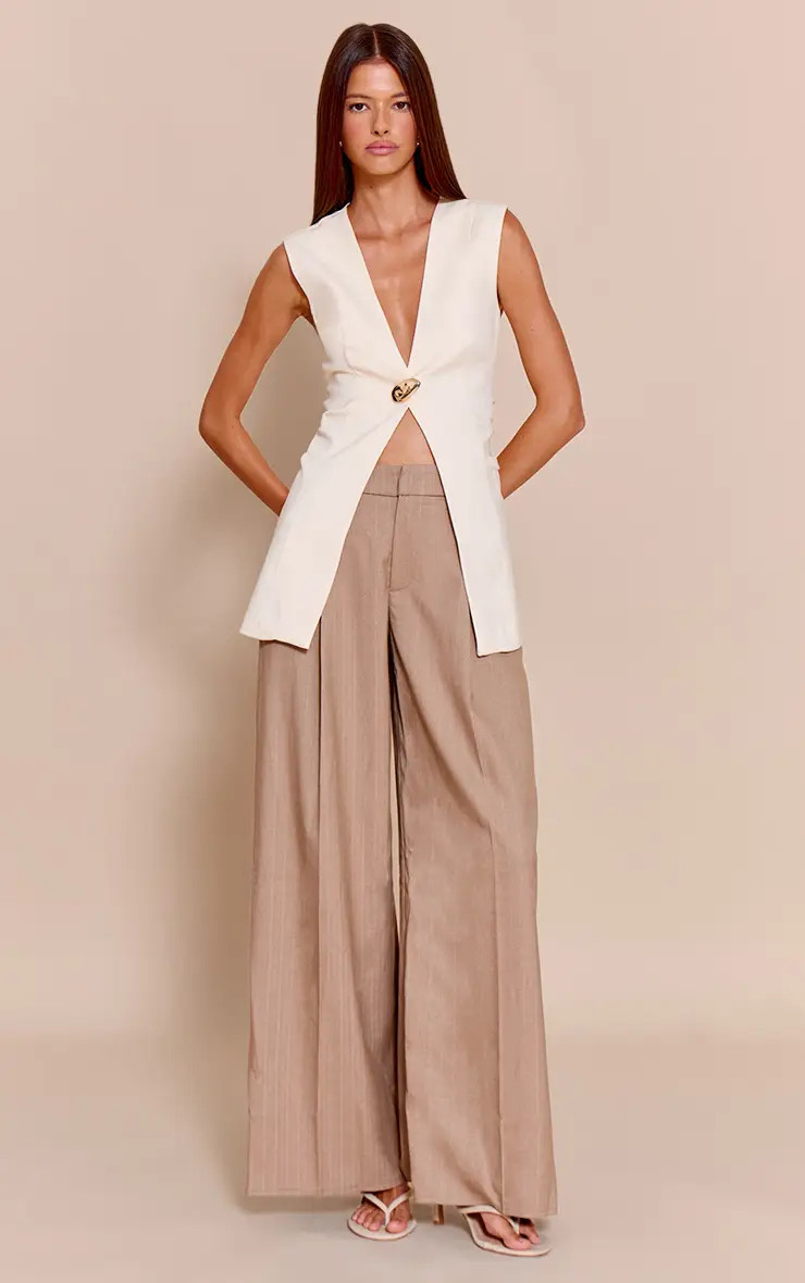 Taupe Woven Pinstripe Tailored Straight Leg Trousers | PrettyLittleThing USA | PrettyLittleThing US
