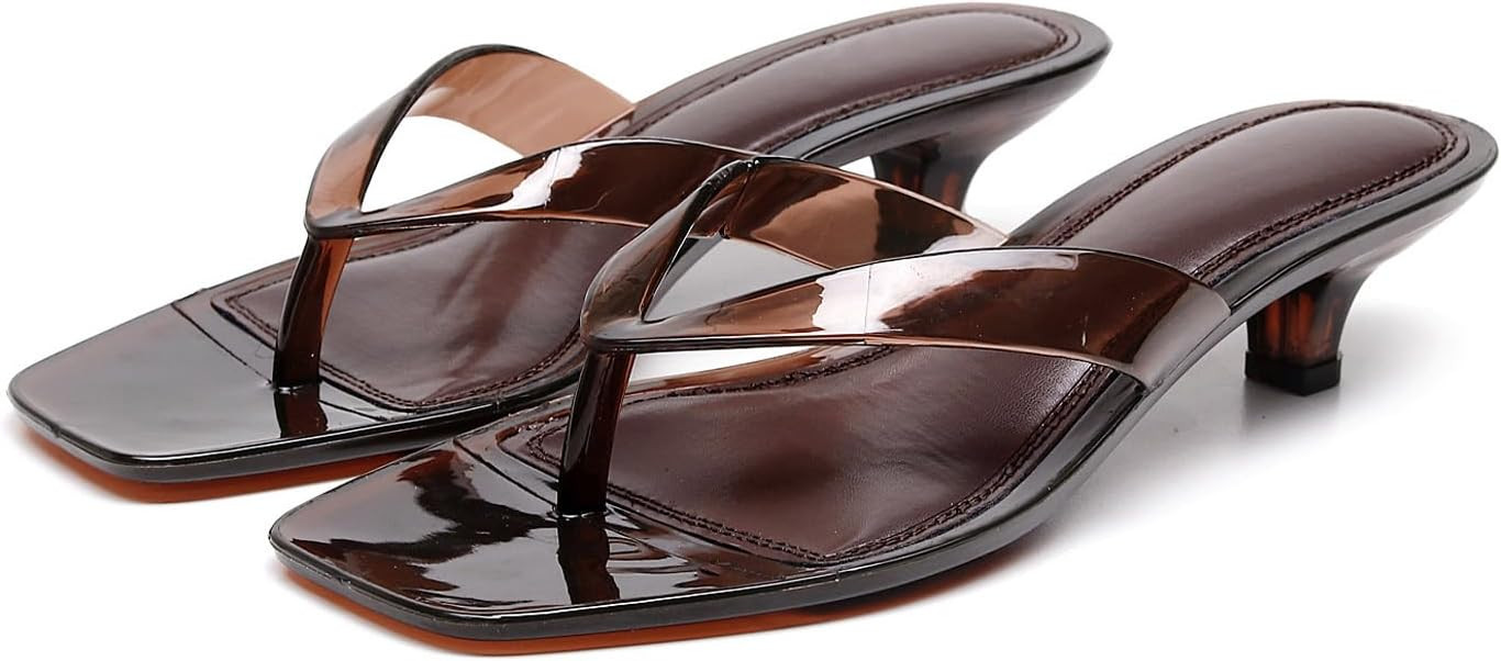 Jelly Thong Kitten Heeled Sandals for Women Clear Comfortable Square Open Toe Slip On Low Heels F... | Amazon (US)