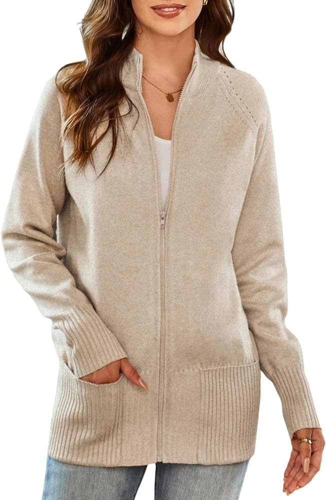 GRACE KARIN Womens Long Sleeve Zip Up Knit Cardigan with Pockets Stand Collar Full Zip Sweater Co... | Amazon (US)