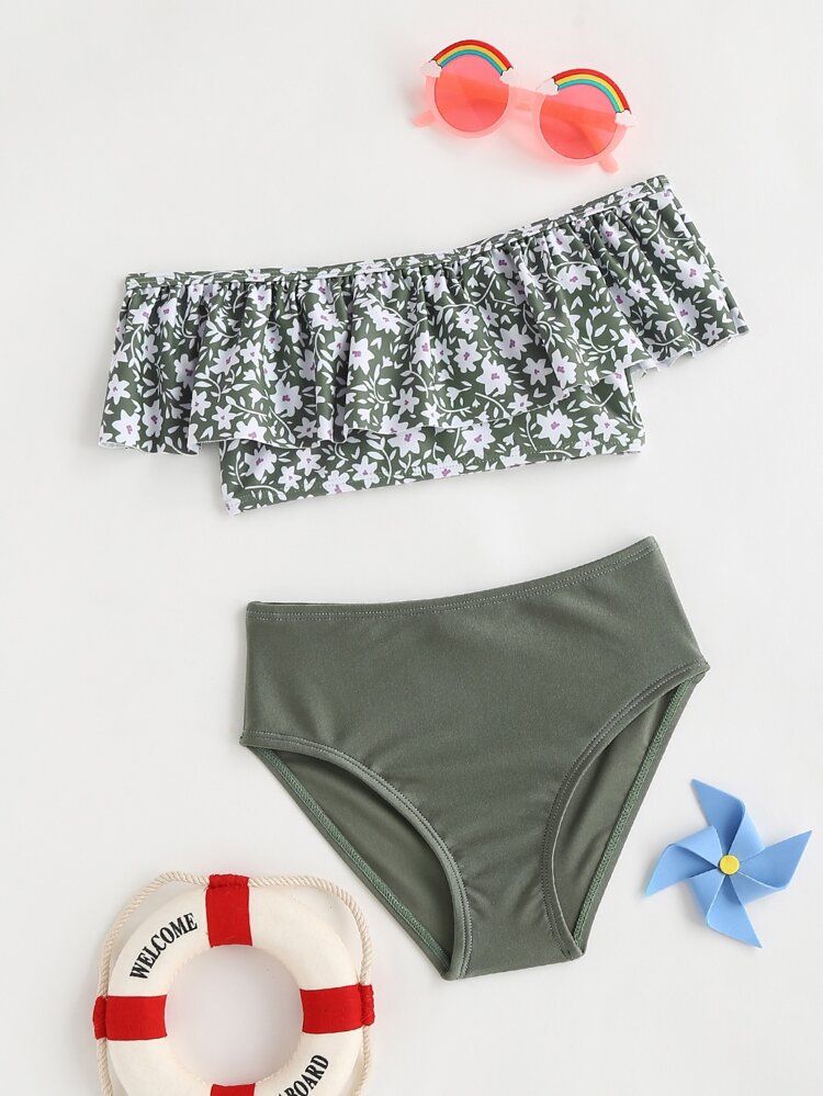 Toddler Girls Ditsy Floral Print Ruffle Hem Bikini Swimsuit | SHEIN