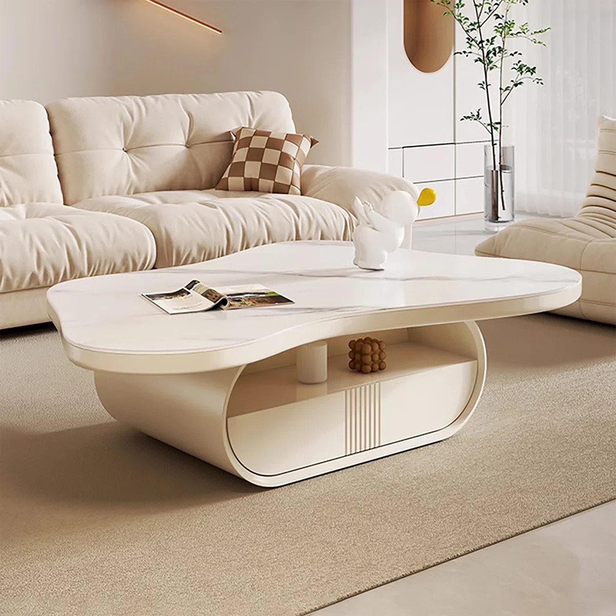 51" Modern White Coffee Table, Cloud Shaped, with Drawers, Sintered Stone Top | Wayfair North America