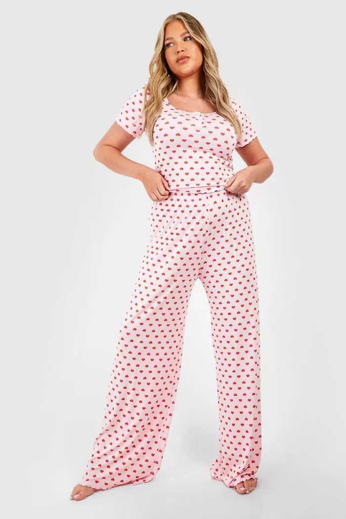 Plus Heart Print Jersey Knit Top & Pants Pj Set | boohoo (US & Canada)