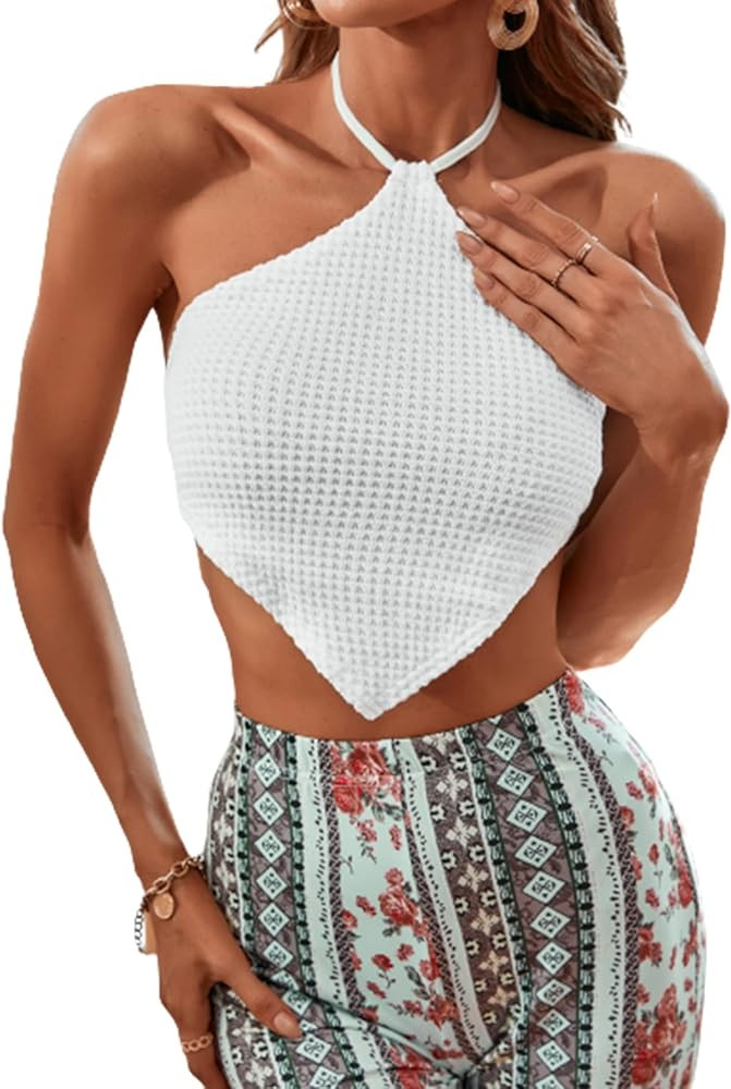 SOLY HUX Women's Waffle Knit Halter Tie Back Backless Asymmetrical Hem Crop Cami Top | Amazon (US)