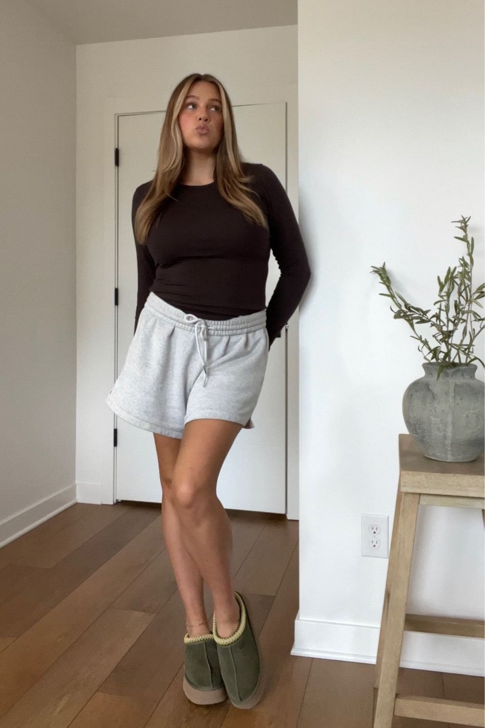 Lululemon shirt: wearing size 10 an 8 would also be fine but bought when I was pregnant - super stretchy! Shorts are sold out linked similar size M. Love these uggs!! Tts in my opinion. I’m a 7.5/8 I bought the 8 last year perfect fit  

