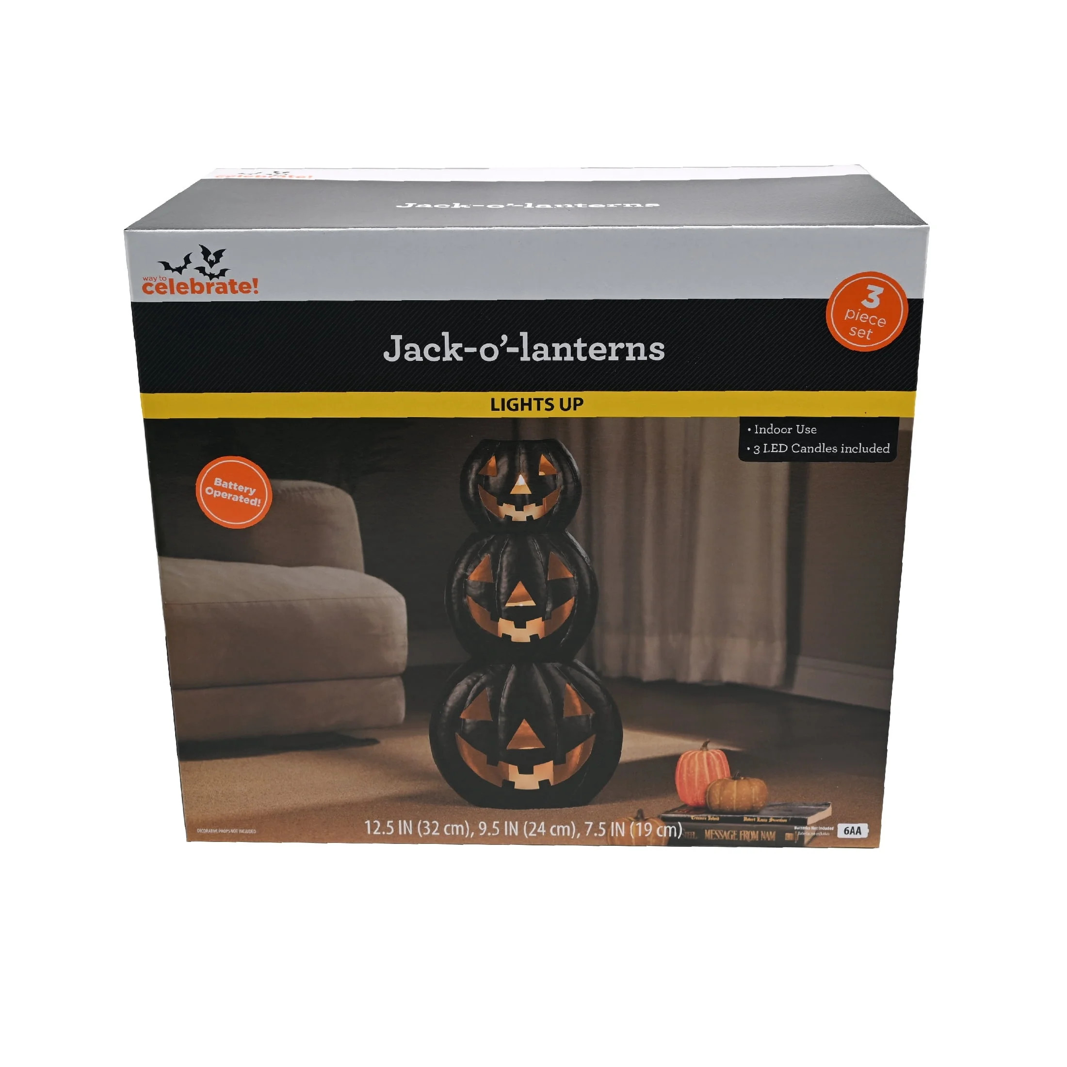 Light-Up Jack-o'-Lantern Set, Black, 3 Pieces, Halloween by Way To Celebrate | Walmart (US)