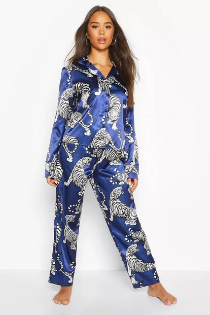 Tiger Print Satin Button Through Pj Pants Set | Boohoo.com (US & CA)