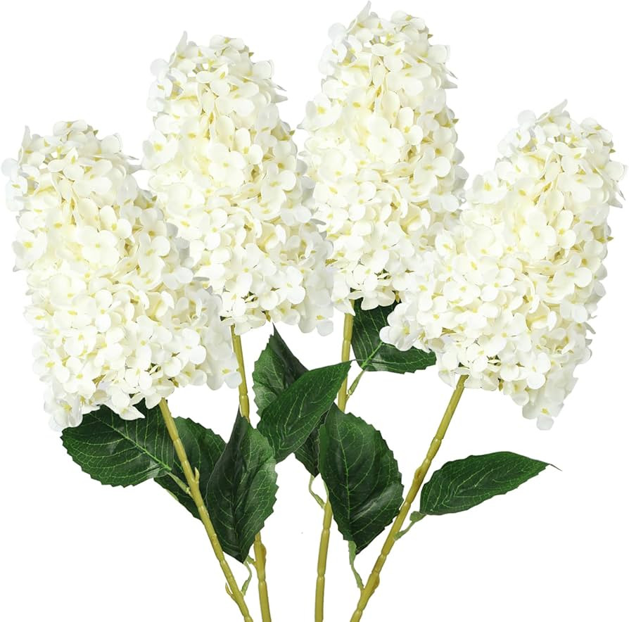 GrainBuds 4pcs White Hydrangea Artificial Flower, 33.5" Long Stem Real Touch Conical Fake Hydrang... | Amazon (US)